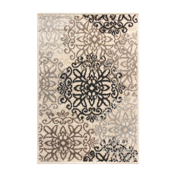 5' x 8' Tan Gray and Black Floral Medallion Stain Resistant Area Rug