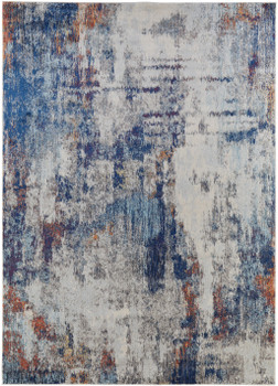 5' x 8' Ivory and Blue Abstract Power Loom Distressed Stain Resistant Area Rug