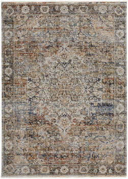 5' x 8' Tan Orange and Blue Floral Power Loom Distressed Area Rug with Fringe