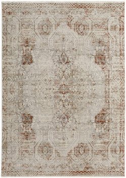 5' x 8' Tan Ivory and Orange Floral Power Loom Distressed Area Rug with Fringe