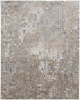 5' x 8' Tan Ivory and Blue Geometric Power Loom Distressed Area Rug