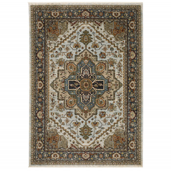 5' x 8' Ivory Beige Blue Orange Gold Green Grey and Rust Oriental Power Loom Area Rug