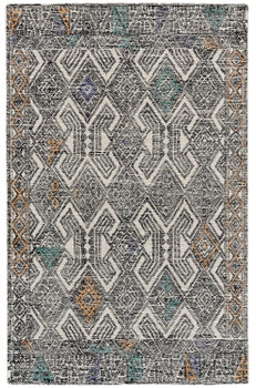 5' x 8' Black Ivory and Green Wool Geometric Tufted Handmade Distressed Area Rug
