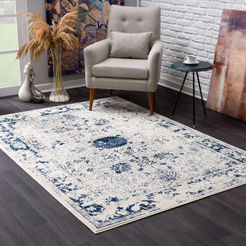 5' x 8' Navy Blue Distressed Floral Area Rug