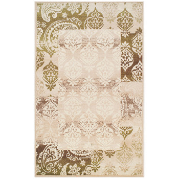 5' x 8' Beige Damask Power Loom Distressed Stain Resistant Area Rug