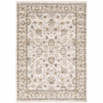 5' x 8' Ivory & Grey Oriental Power Loom Stain Resistant Area Rug with Fringe