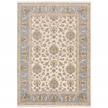 5' x 8' Ivory and Blue Oriental Power Loom Stain Resistant Area Rug with Fringe