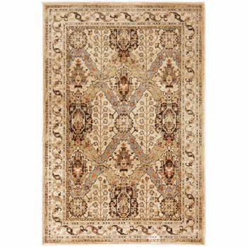 6' x 9' Beige Grey Dolphin Blue Deep Teal Gold and Orange Oriental Power Loom Area Rug