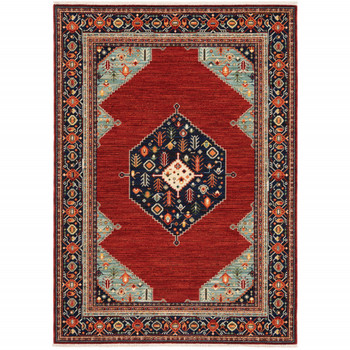 6' x 9' Blue and Red Oriental Power Loom Area Rug with Fringe