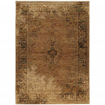 6' x 9' Gold and Brown Oriental Power Loom Stain Resistant Area Rug