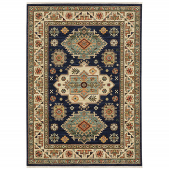 6' x 9' Navy Charcoal Orange Rust Gold Pale Blue Olive Beige & Salmon Oriental Power Loom Rug