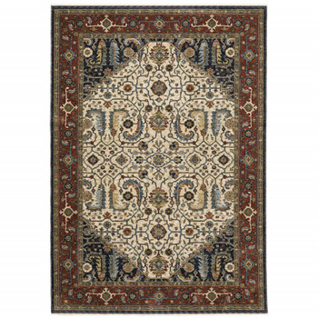 6' x 9' Ivory Beige Red Blue Gold Green and Navy Oriental Power Loom Area Rug with Fringe