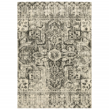 6' x 9' Grey Ivory and Brown Oriental Power Loom Stain Resistant Area Rug