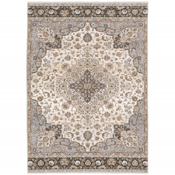 6' x 9' Ivory and Blue Oriental Power Loom Stain Resistant Area Rug with Fringe
