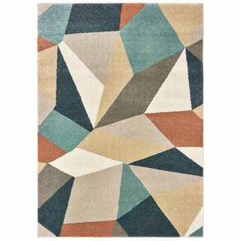 6' x 9' Blue Green Beige Retro Wedge Indoor Area Rug