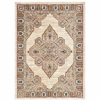 6' x 9' Ivory Gold Grey and Blue Oriental Power Loom Stain Resistant Area Rug