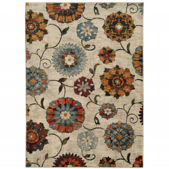 6' x 9' Ivory Blue Gold Green Orange Rust and Teal Floral Power Loom Area Rug
