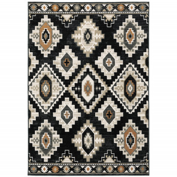 6' x 9' Black Grey Tan Orange and Ivory Southwestern Power Loom Stain Resistant Area Rug