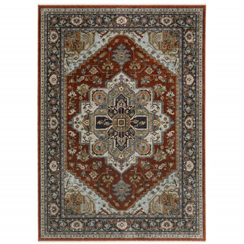 6' x 9' Blue Beige Grey Gold Green and Rust Red Oriental Power Loom Area Rug with Fringe