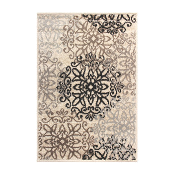 6' x 9' Beige and Gray Medallion Power Loom Stain Resistant Area Rug