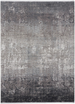 7' x 10' Gray Black and Silver Abstract Power Loom Distressed Area Rug with Fringe