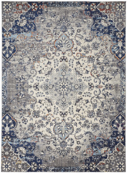 7' x 10' Ivory Gray and Blue Floral Power Loom Distressed Stain Resistant Area Rug