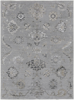 7' x 10' Silver and Black Floral Power Loom Distressed Area Rug