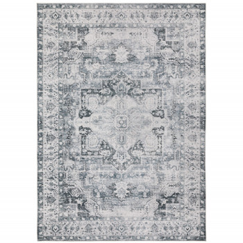 7' x 10' Navy Blue Ivory and Grey Oriental Printed Stain Resistant Non Skid Area Rug