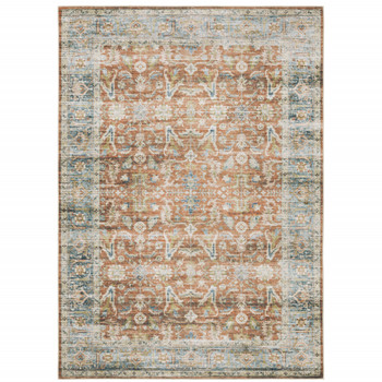 7' x 10' Rust Blue Ivory and Gold Oriental Printed Stain Resistant Non Skid Area Rug