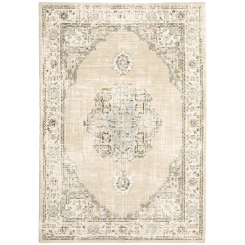 7' x 9' Beige and Ivory Center Jewel Area Rug
