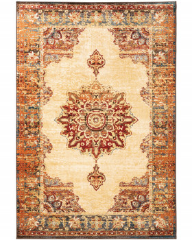 8' x 10' Gold and Orange Floral Medallion Area Rug