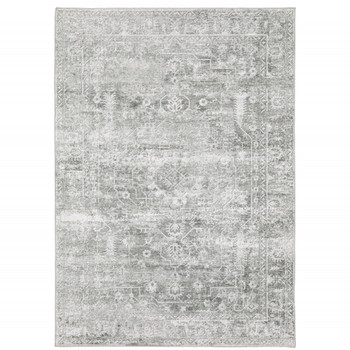 8' x 10' Sage Green Grey Ivory and Silver Oriental Printed Non Skid Area Rug