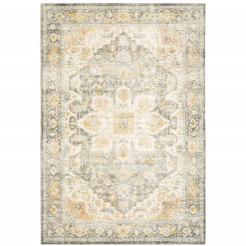 8' x 10' Grey Gold Orange and Ivory Oriental Power Loom Stain Resistant Area Rug