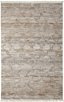 8' x 10' Tan Gray and Ivory Geometric Hand Woven Stain Resistant Area Rug with Fringe