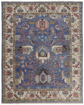 8' x 10' Blue and Red Wool Floral Hand Knotted Stain Resistant Area Rug