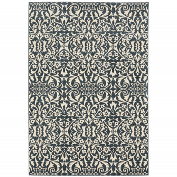 8' x 10' Blue & Ivory Floral Power Loom Stain Resistant Area Rug