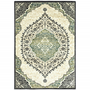 8' x 10' Ivory Navy and Green Oriental Power Loom Stain Resistant Area Rug