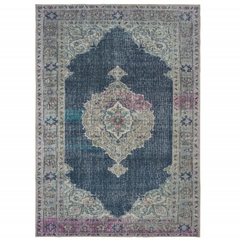 8' x 10' Blue and Grey Oriental Power Loom Stain Resistant Area Rug