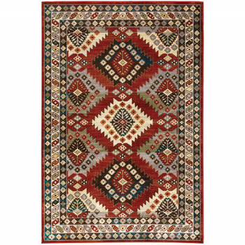 8' x 10' Red Deep Teal Ivory Grey and Green Southwestern Power Loom Area Rug
