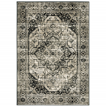 8' x 10' Black Grey Tan and Ivory Oriental Power Loom Stain Resistant Area Rug