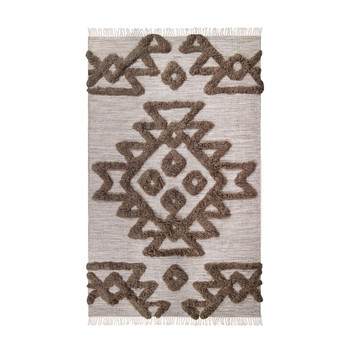 8' x 10' Sand and Taupe Wool Geometric Power Loom Stain Resistant Area Rug with Fringe