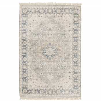 8' x 10' Beige and Grey Oriental Hand Loomed Stain Resistant Area Rug with Fringe