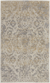 8' x 10' Gray Ivory and Gold Floral Power Loom Distressed Area Rug