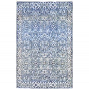 8' x 10' Blue and Grey Oriental Power Loom Stain Resistant Polyester Area Rug