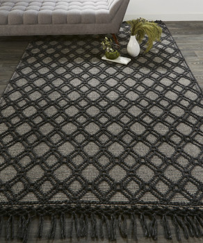 8' x 10' Black and Ivory Wool Geometric Hand Woven Area Rug with Fringe