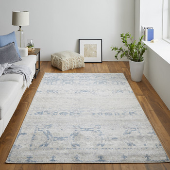 8' x 10' Blue and Ivory Power Loom Distressed Area Rug