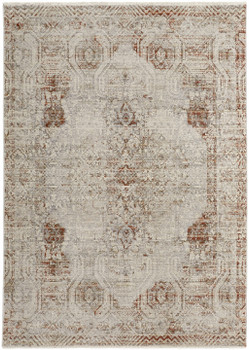 8' x 10' Tan Ivory and Orange Floral Power Loom Distressed Area Rug with Fringe