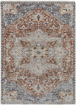 8' x 10' Orange Ivory and Blue Floral Power Loom Area Rug with Fringe
