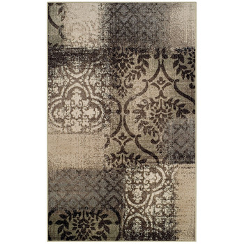 8' x 10' Tan and Brown Damask Distressed Stain Resistant Area Rug