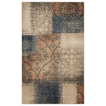 8' x 10' Navy and Salmon Damask Distressed Stain Resistant Area Rug